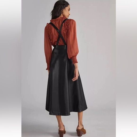 NWT Anthropologie‎ Black Faux Leather Pinafore Suspender Midi Skirt Dress - 8 - Picture 2 of 13